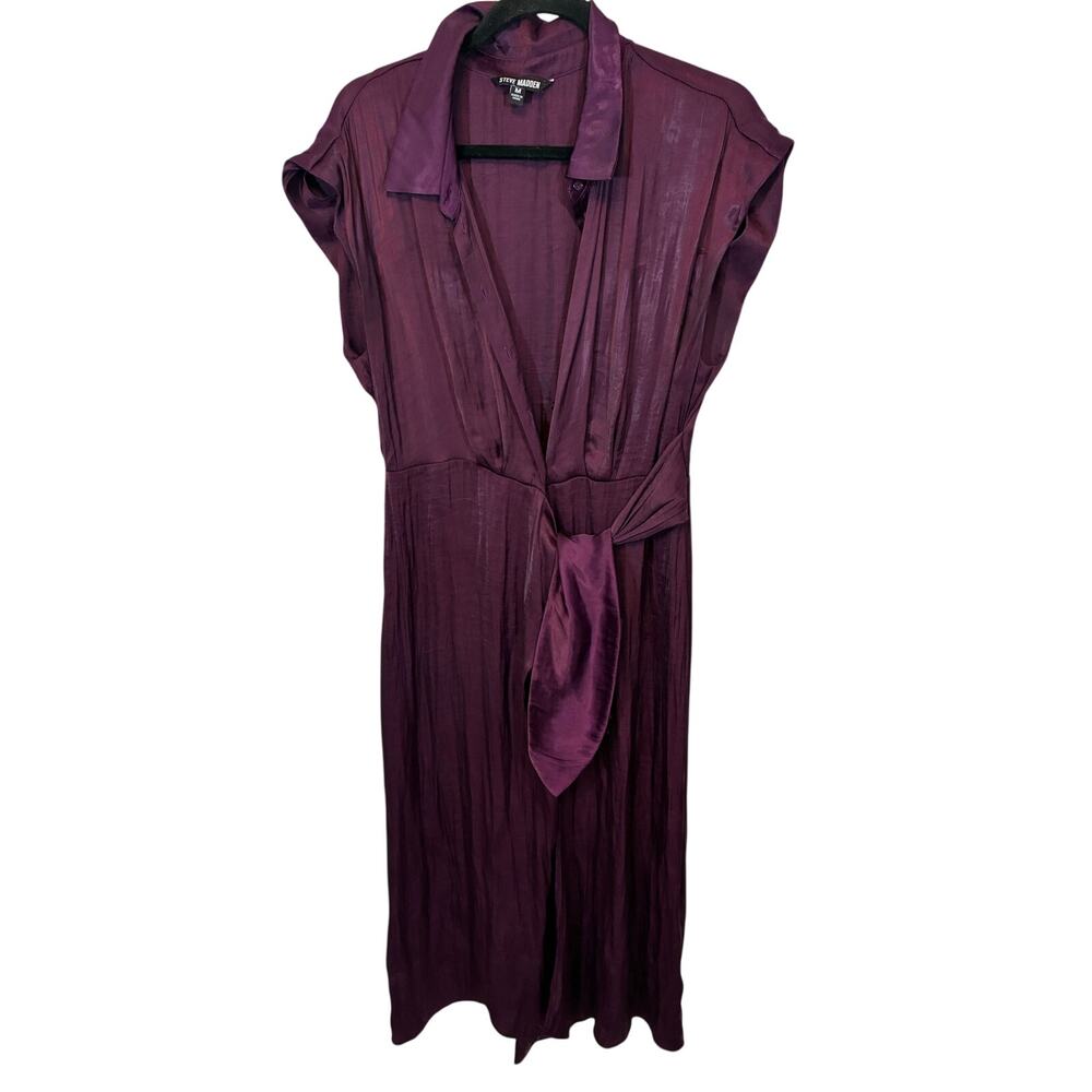 Steve Madden Desiree Faux Wrap Midi Dress Beet Red Collared Tie Waist M Office